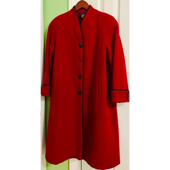 Red‎ with black trim long wool pea coat by JPD size  petite small - Picture 1 of 4